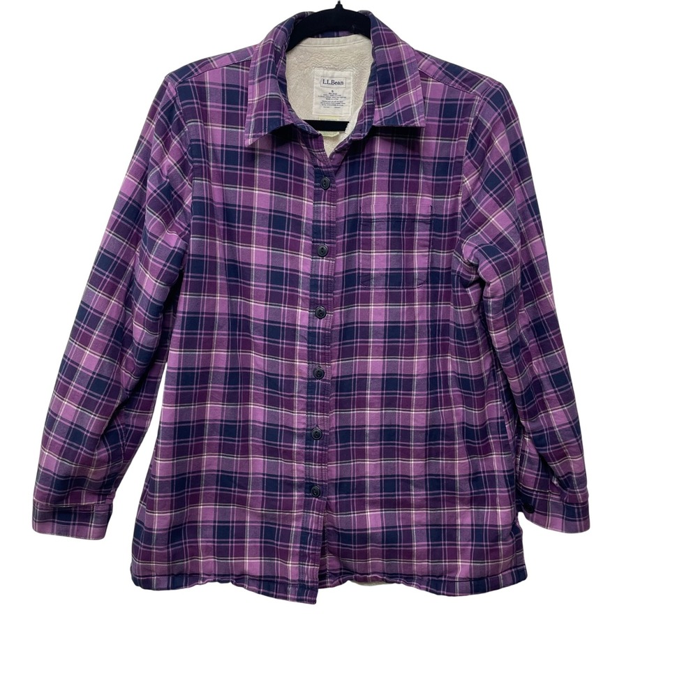 LL Bean Fleece Lined Flannel Shirt Jacket Shacket Purple Plaid S Trail Camp Gorp